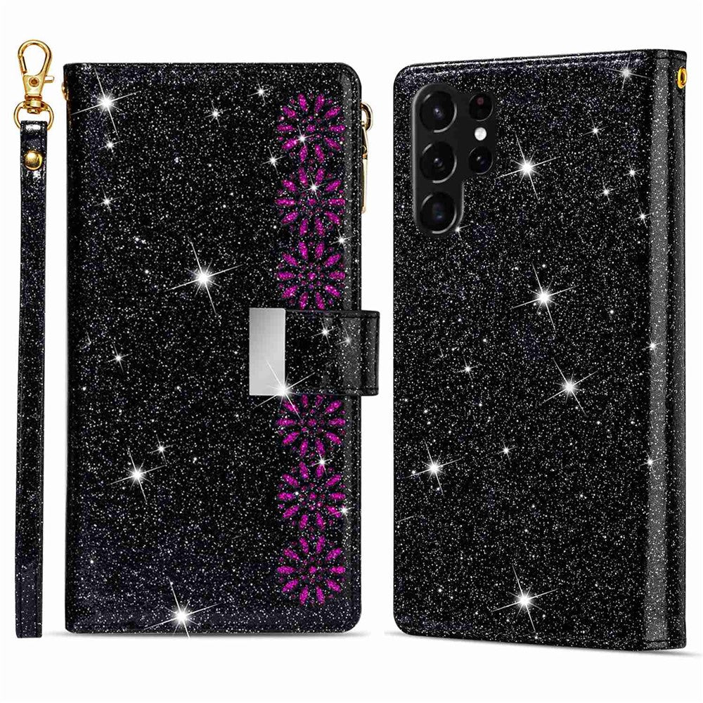 Beskyttende mobilcover med lynlås, pung til Samsung Galaxy S23 Ultra, laserskåret, glitrende stjernestil, lædercover med stativ og rem