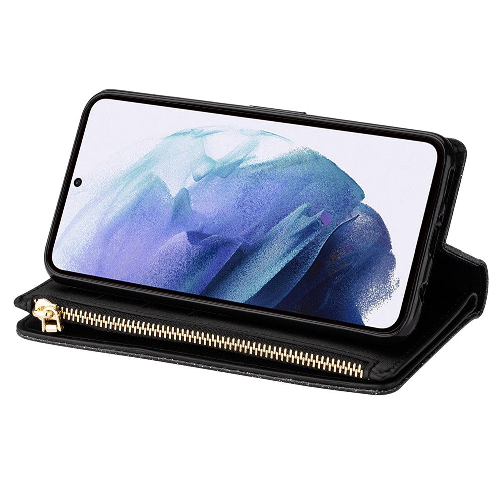Beskyttende mobilcover med lynlås, pung til Samsung Galaxy S23 Ultra, laserskåret, glitrende stjernestil, lædercover med stativ og rem