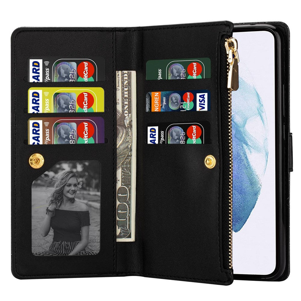 Beskyttende mobilcover med lynlås, pung til Samsung Galaxy S23 Ultra, laserskåret, glitrende stjernestil, lædercover med stativ og rem