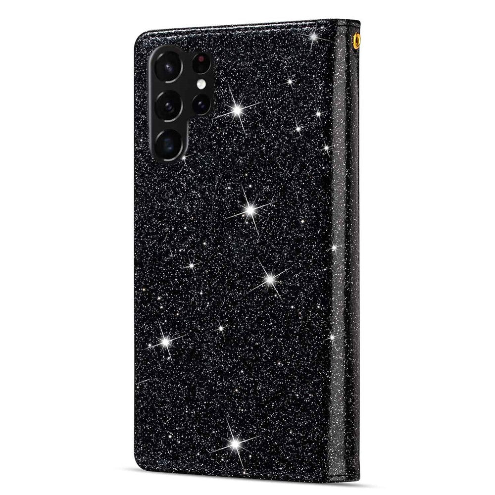 Beskyttende mobilcover med lynlås, pung til Samsung Galaxy S23 Ultra, laserskåret, glitrende stjernestil, lædercover med stativ og rem