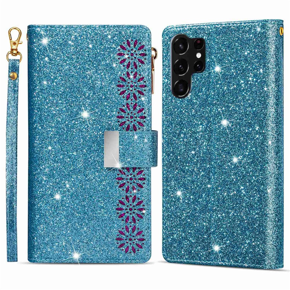 Beskyttende mobilcover med lynlås, pung til Samsung Galaxy S23 Ultra, laserskåret, glitrende stjernestil, lædercover med stativ og rem