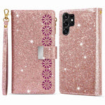 Beskyttende mobilcover med lynlås, pung til Samsung Galaxy S23 Ultra, laserskåret, glitrende stjernestil, lædercover med stativ og rem