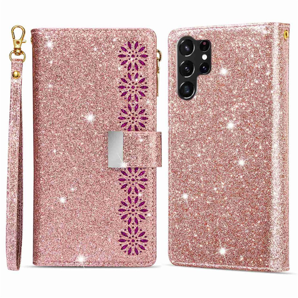 Beskyttende mobilcover med lynlås, pung til Samsung Galaxy S23 Ultra, laserskåret, glitrende stjernestil, lædercover med stativ og rem