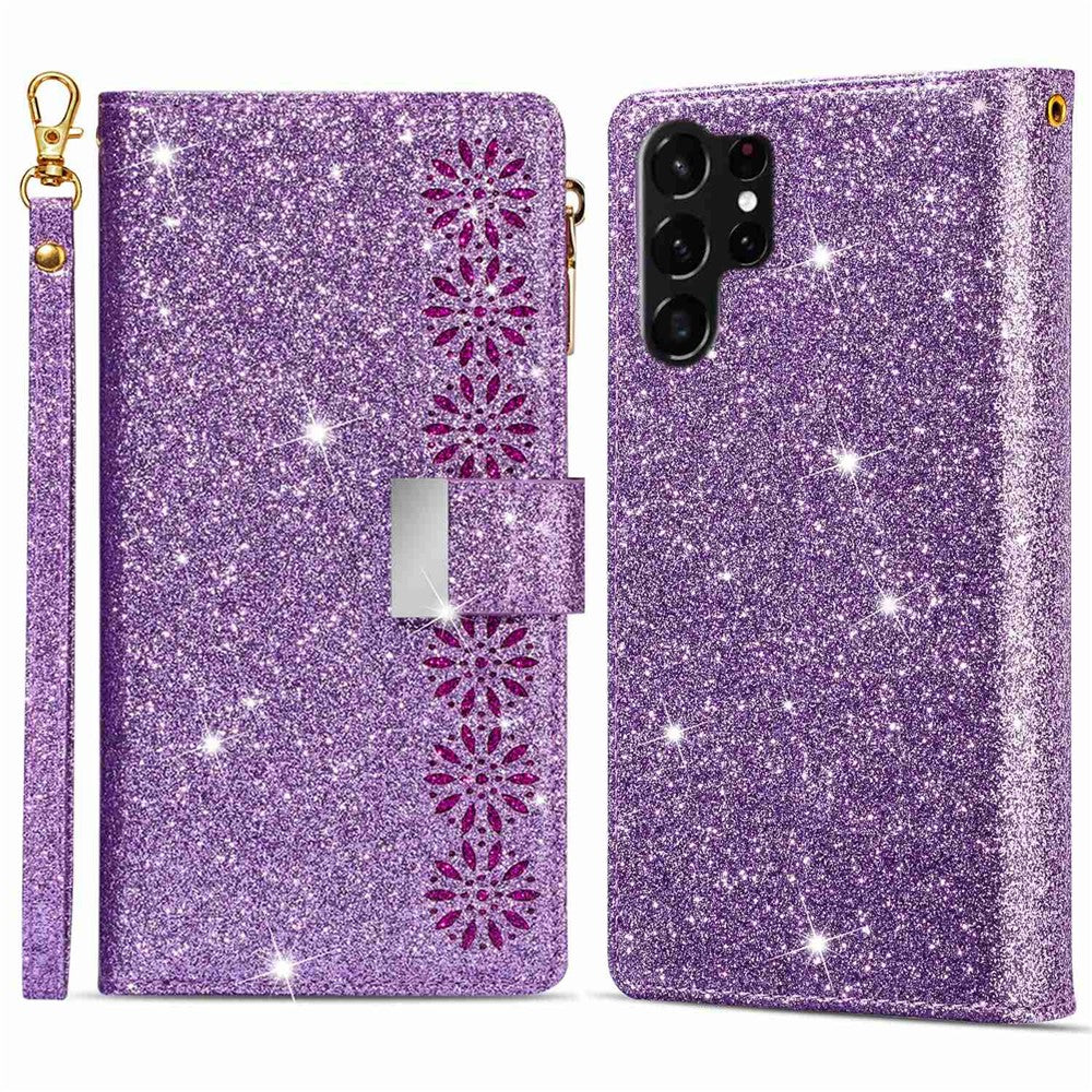 Beskyttende mobilcover med lynlås, pung til Samsung Galaxy S23 Ultra, laserskåret, glitrende stjernestil, lædercover med stativ og rem
