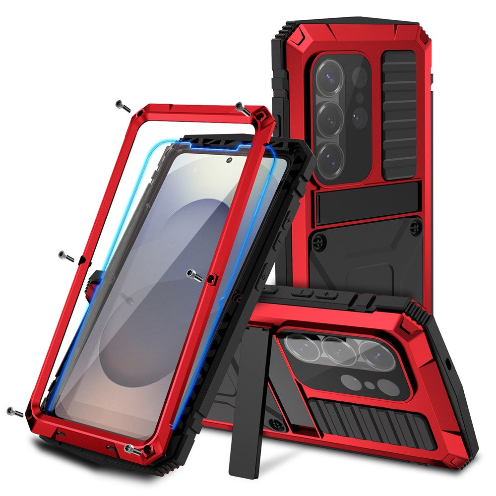 R-JUST For Samsung Galaxy S26 Ultra Case PC + Silicone + Metal Kickstand Phone Cover with Tempered Glass Film