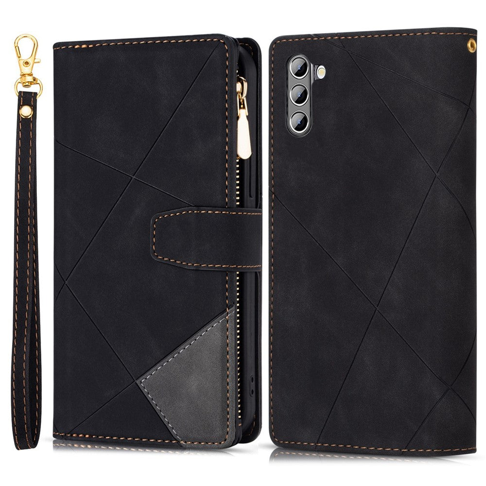 Leather Wallet Phone Case for Samsung Galaxy S23 Anti-Fall Protective Cover Color Splicing Stand Imprinting Lines Phone Case with Zipper Pocket