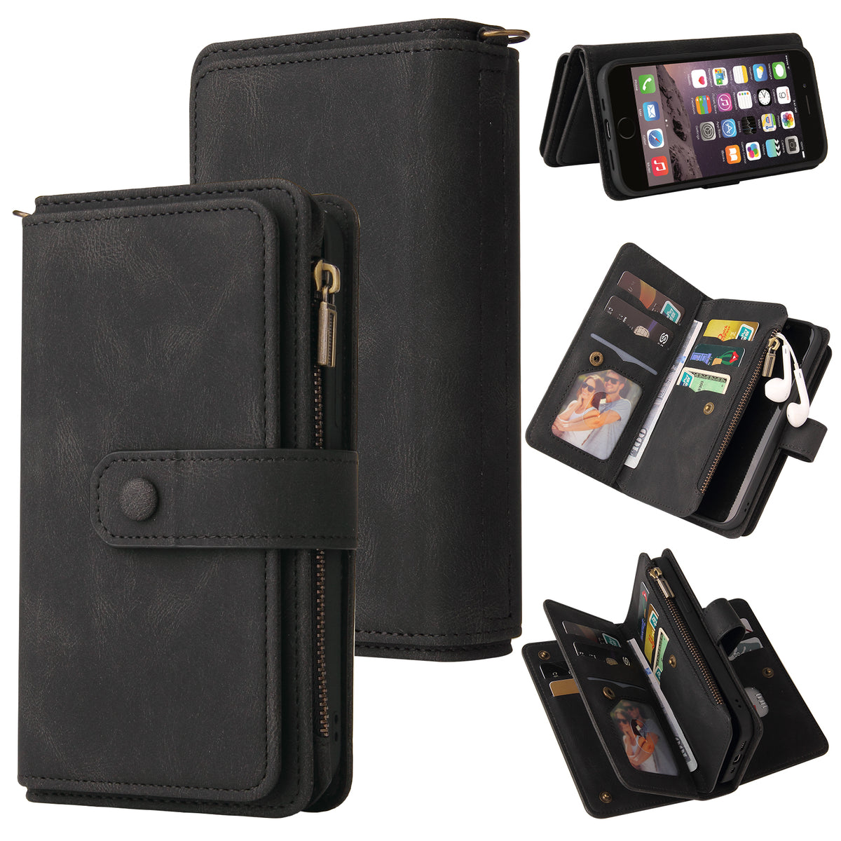 For iPhone SE (2020) / iPhone SE (2022) / iPhone 7 4.7 inch / iPhone 8 4.7 inch Zipper Wallet Case with 15 Card Slots and Strap Leather Phone Cover