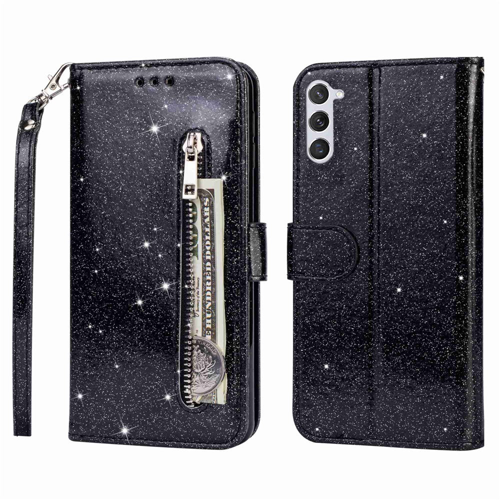 Shockproof Magnetic Clasp Phone Cover For Samsung Galaxy S23+, Zipper Pocket Glittery PU Leather Phone Case with Wallet Stand