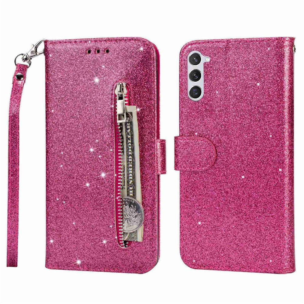 Shockproof Magnetic Clasp Phone Cover For Samsung Galaxy S23+, Zipper Pocket Glittery PU Leather Phone Case with Wallet Stand