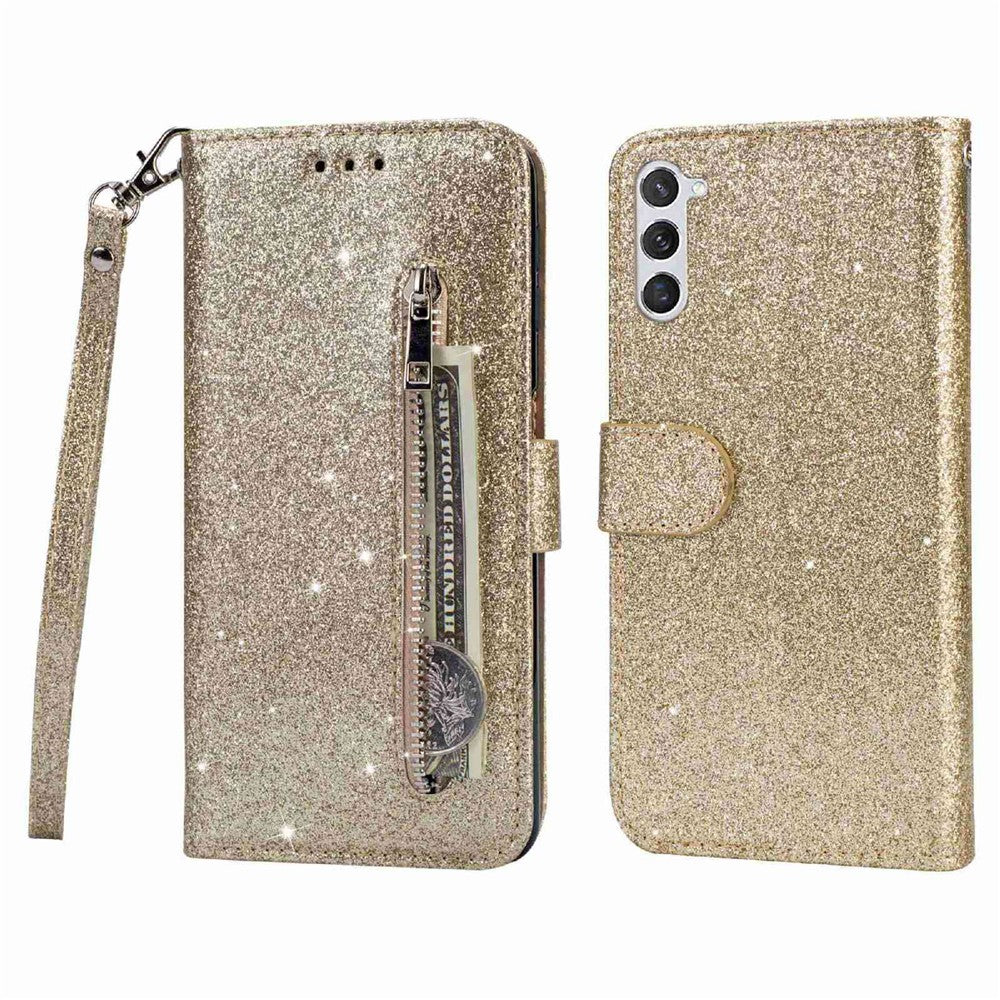 Shockproof Magnetic Clasp Phone Cover For Samsung Galaxy S23+, Zipper Pocket Glittery PU Leather Phone Case with Wallet Stand