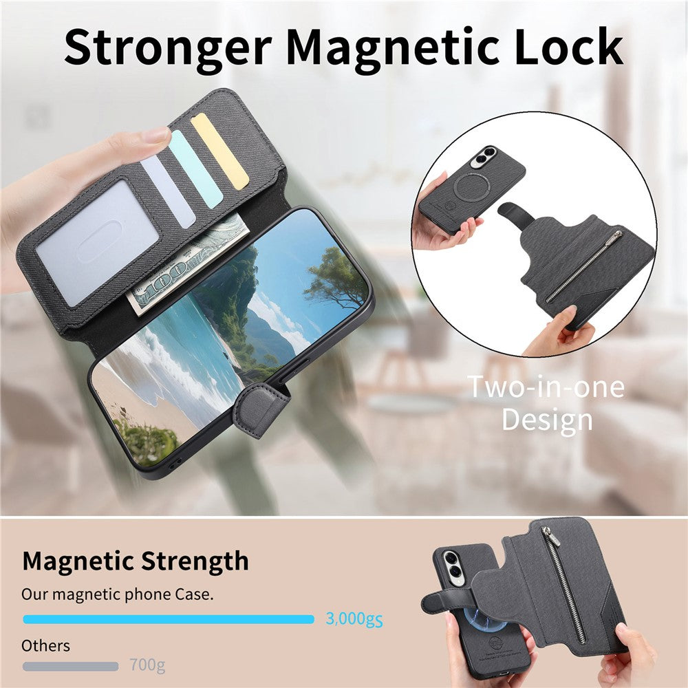 Magnetcover til Samsung Galaxy S25, RFID-blokerende, aftageligt pungstativ, tekstureret lædercover i stof