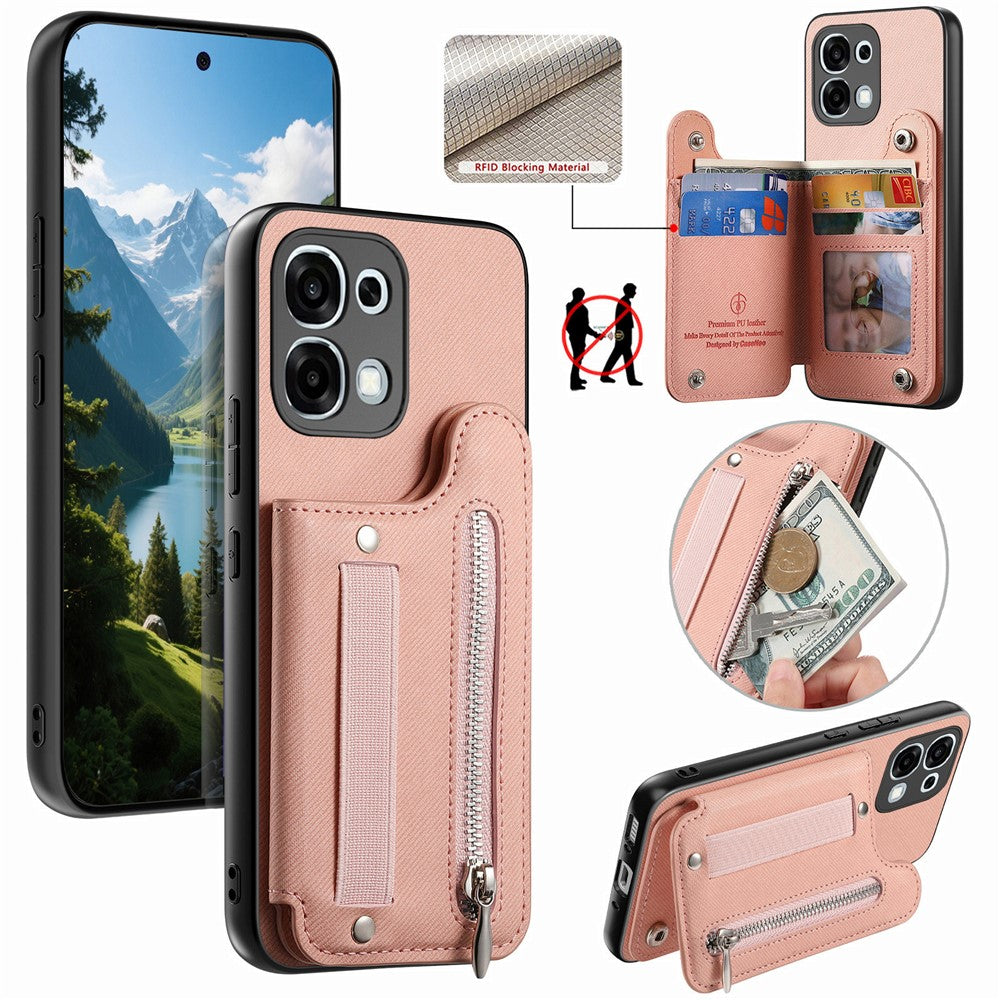 For Oppo A6 5G (Global) Case RFID Blocking Card Holder Jeans Cloth Texture Leather Back Cover with Elastic Wristband