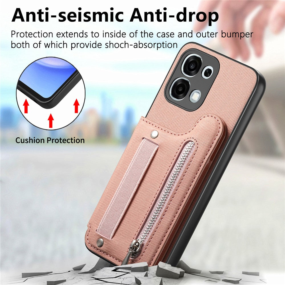For Oppo A6 5G (Global) Case RFID Blocking Card Holder Jeans Cloth Texture Leather Back Cover with Elastic Wristband