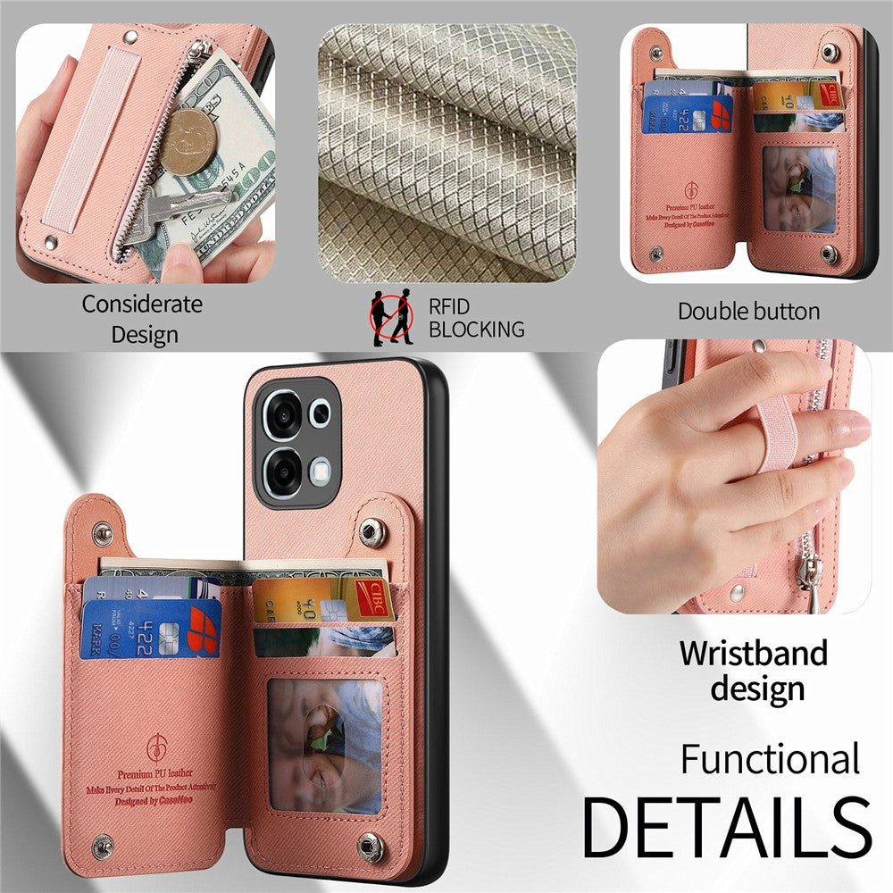 For Oppo A6 5G (Global) Case RFID Blocking Card Holder Jeans Cloth Texture Leather Back Cover with Elastic Wristband
