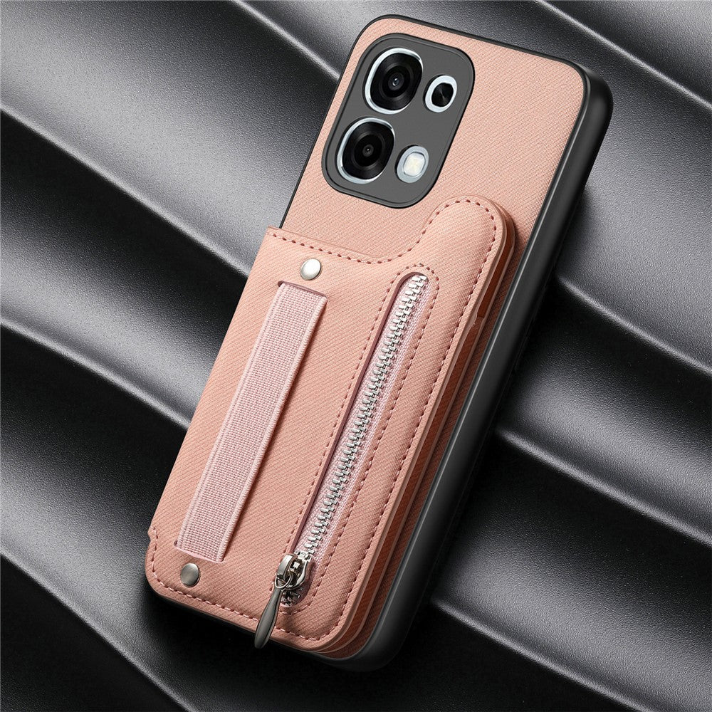 For Oppo A6 5G (Global) Case RFID Blocking Card Holder Jeans Cloth Texture Leather Back Cover with Elastic Wristband