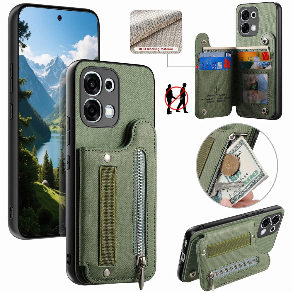 For Oppo A6 5G (Global) Case RFID Blocking Card Holder Jeans Cloth Texture Leather Back Cover with Elastic Wristband