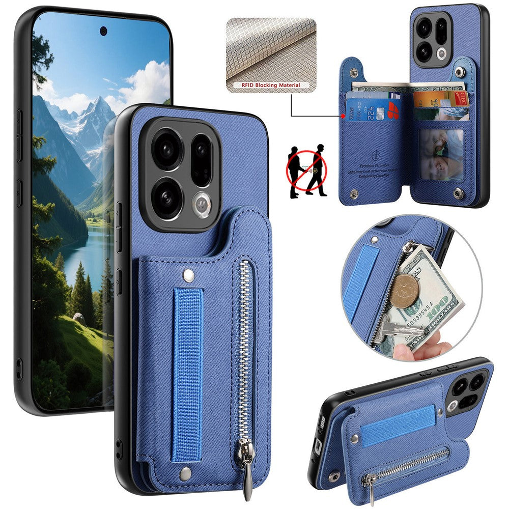 For Oppo Find X9 5G Case RFID Blocking Card Holder Jeans Cloth Texture Leather Back Cover with Elastic Wristband