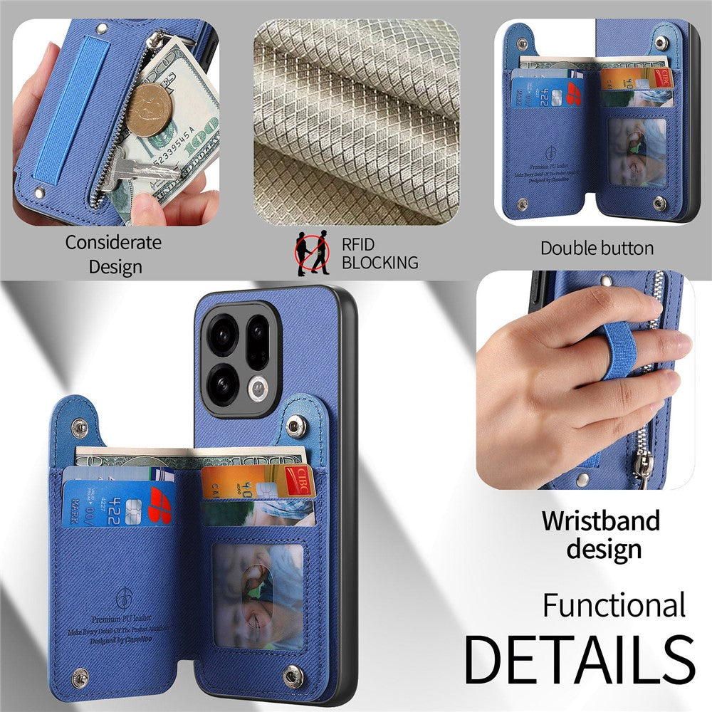 For Oppo Find X9 5G Case RFID Blocking Card Holder Jeans Cloth Texture Leather Back Cover with Elastic Wristband