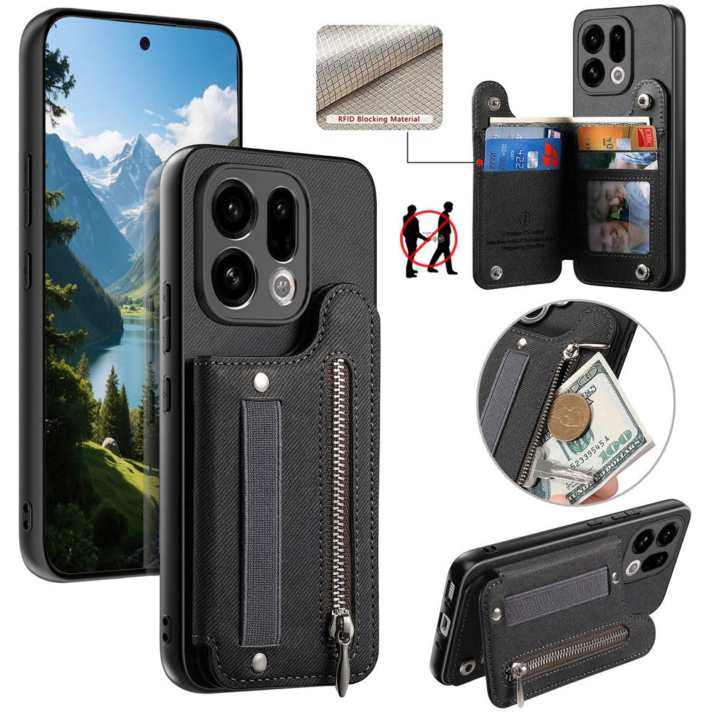 For Oppo Find X9 5G Case RFID Blocking Card Holder Jeans Cloth Texture Leather Back Cover with Elastic Wristband