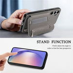 Samsung Galaxy A57 5G-skal RFID-blockerande korthållare i jeanstyg, läderbaksida med elastiskt armband