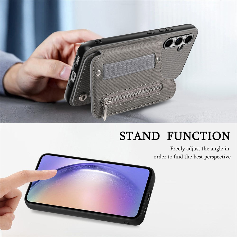 Samsung Galaxy A57 5G-skal RFID-blockerande korthållare i jeanstyg, läderbaksida med elastiskt armband