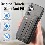 Samsung Galaxy A57 5G-skal RFID-blockerande korthållare i jeanstyg, läderbaksida med elastiskt armband