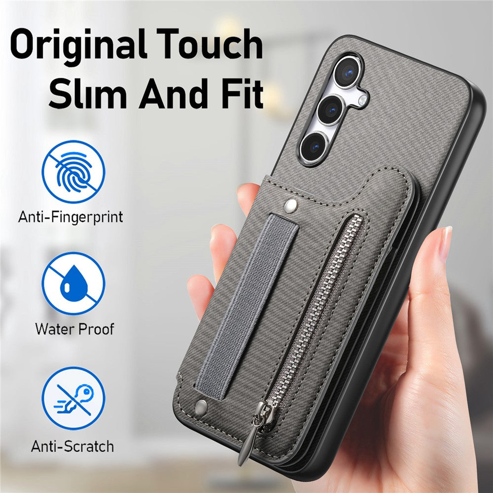 Samsung Galaxy A57 5G-skal RFID-blockerande korthållare i jeanstyg, läderbaksida med elastiskt armband