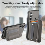 Samsung Galaxy A57 5G-skal RFID-blockerande korthållare i jeanstyg, läderbaksida med elastiskt armband