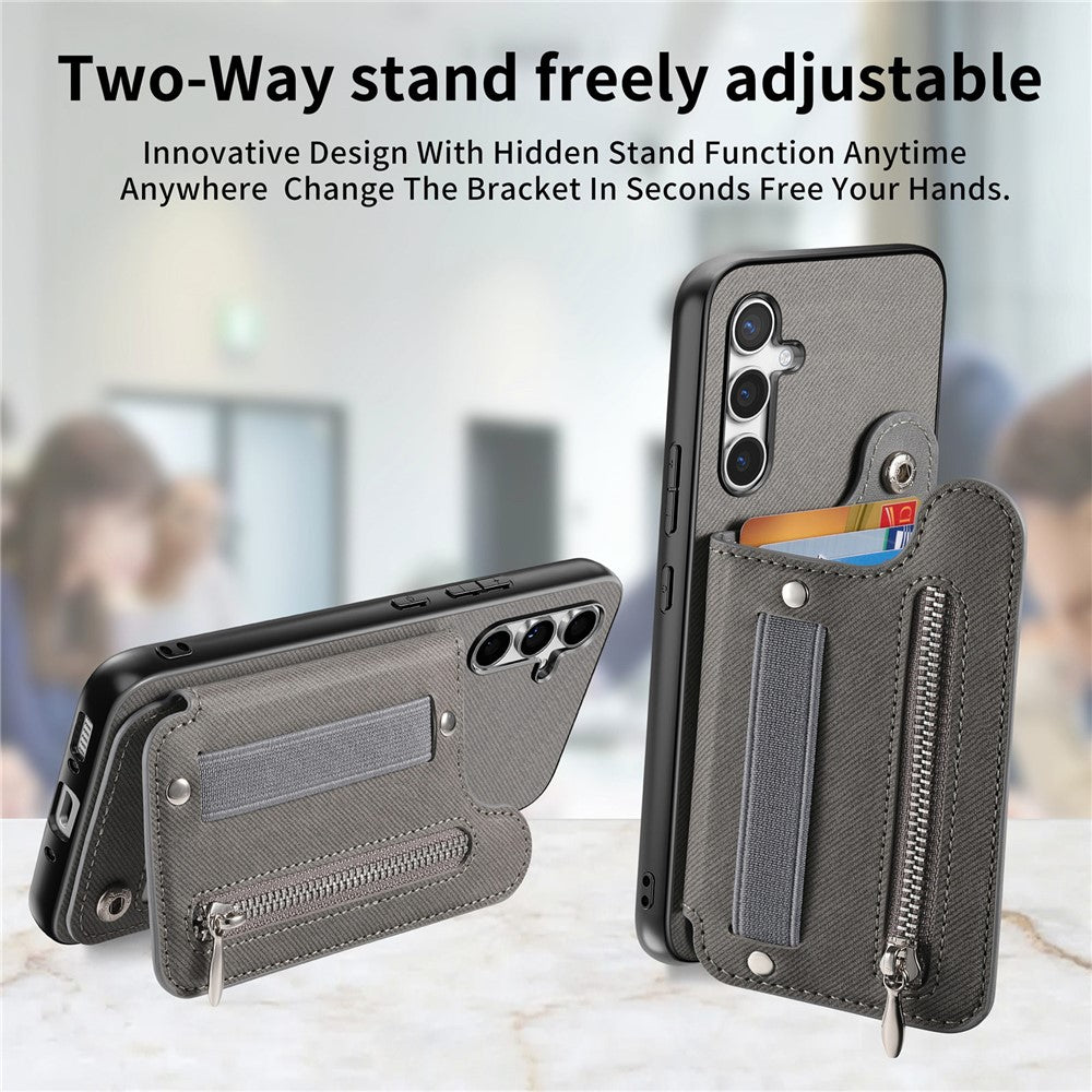 Samsung Galaxy A57 5G-skal RFID-blockerande korthållare i jeanstyg, läderbaksida med elastiskt armband