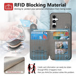 Samsung Galaxy A57 5G-skal RFID-blockerande korthållare i jeanstyg, läderbaksida med elastiskt armband
