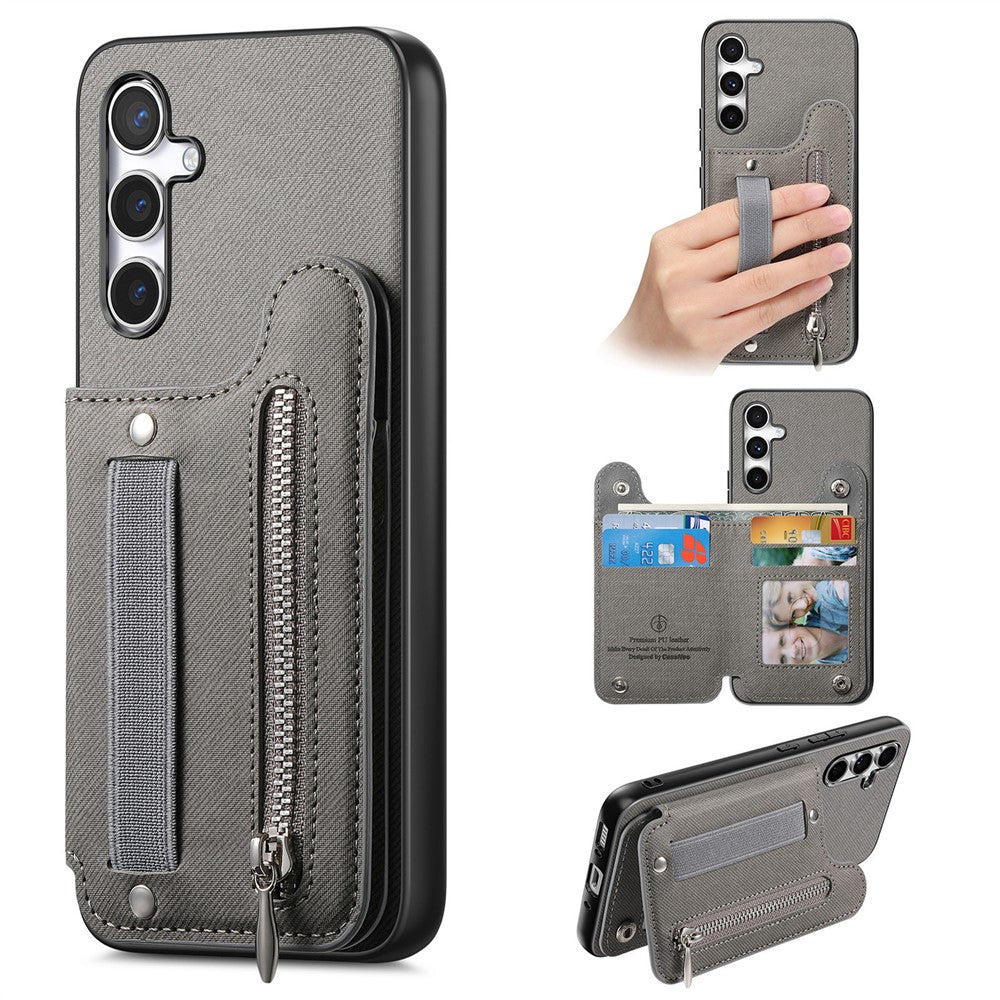 Samsung Galaxy A57 5G-skal RFID-blockerande korthållare i jeanstyg, läderbaksida med elastiskt armband