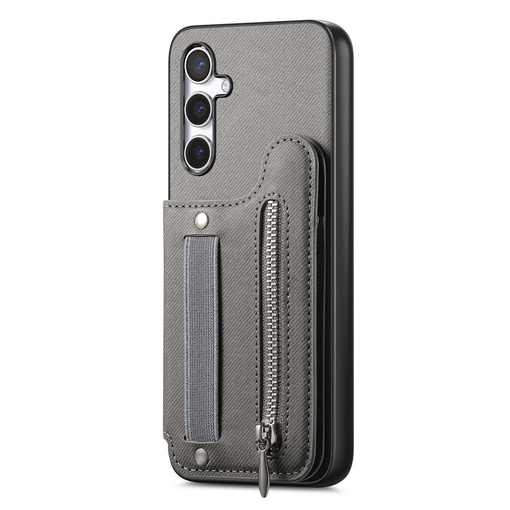 Samsung Galaxy A57 5G-skal RFID-blockerande korthållare i jeanstyg, läderbaksida med elastiskt armband