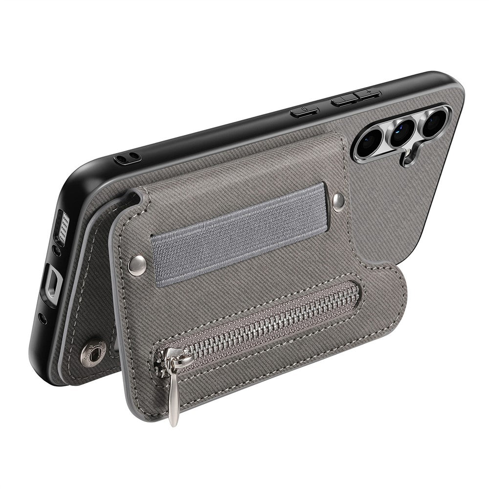 Samsung Galaxy A57 5G-skal RFID-blockerande korthållare i jeanstyg, läderbaksida med elastiskt armband