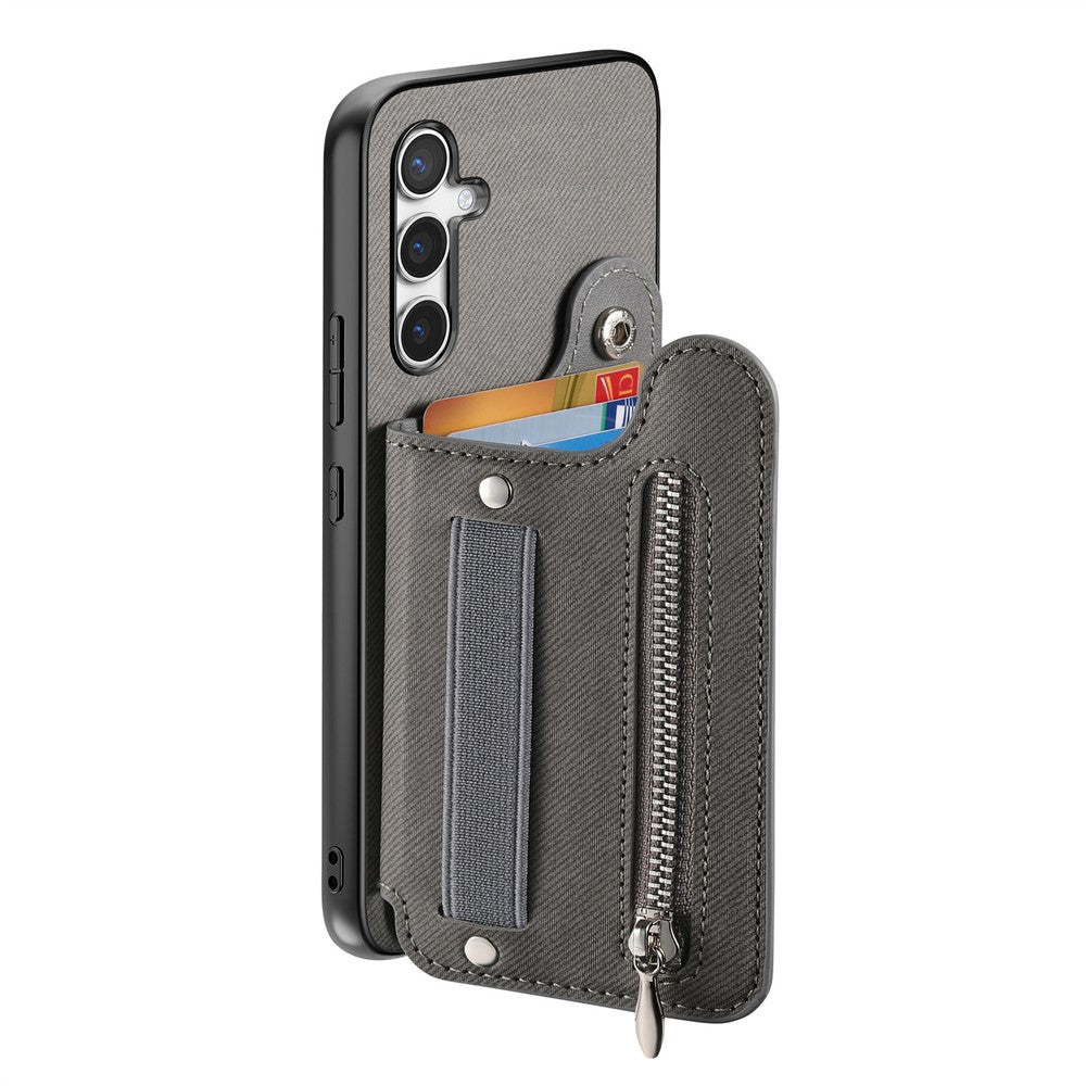 Samsung Galaxy A57 5G-skal RFID-blockerande korthållare i jeanstyg, läderbaksida med elastiskt armband