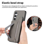 Samsung Galaxy A57 5G-skal RFID-blockerande korthållare i jeanstyg, läderbaksida med elastiskt armband