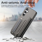 Samsung Galaxy A57 5G-skal RFID-blockerande korthållare i jeanstyg, läderbaksida med elastiskt armband