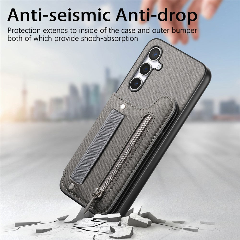 Samsung Galaxy A57 5G-skal RFID-blockerande korthållare i jeanstyg, läderbaksida med elastiskt armband