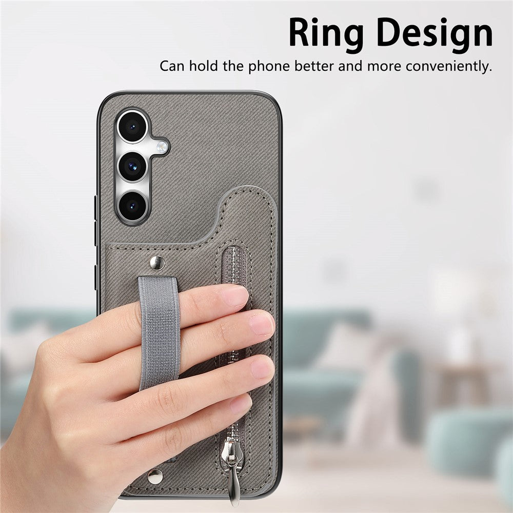 Samsung Galaxy A57 5G-skal RFID-blockerande korthållare i jeanstyg, läderbaksida med elastiskt armband