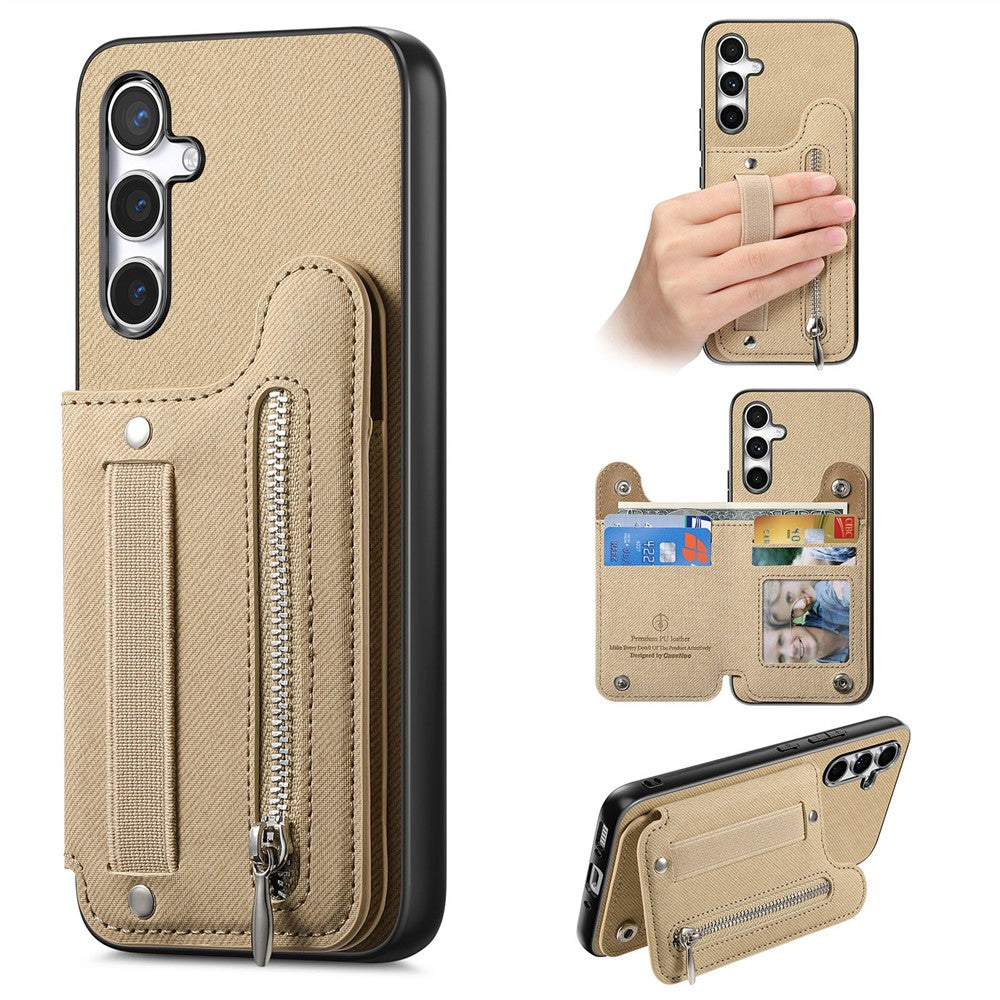 Samsung Galaxy A57 5G-skal RFID-blockerande korthållare i jeanstyg, läderbaksida med elastiskt armband