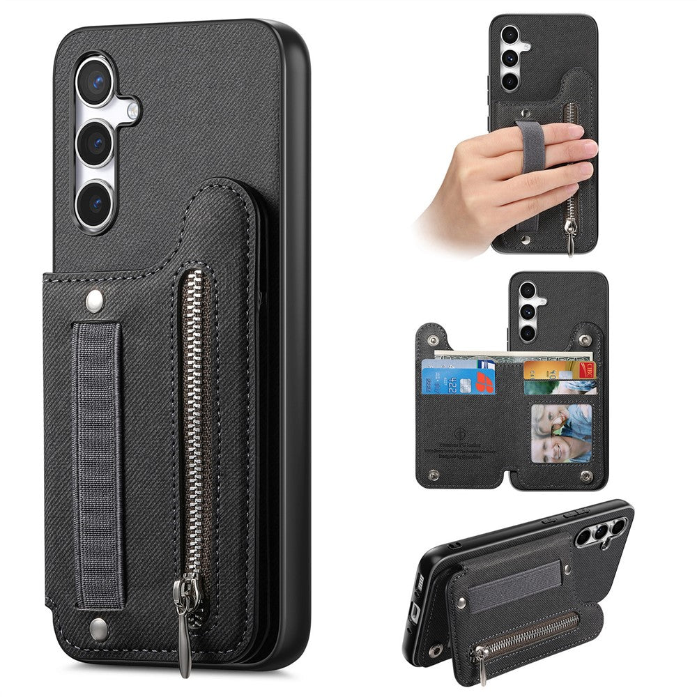 Samsung Galaxy A57 5G-skal RFID-blockerande korthållare i jeanstyg, läderbaksida med elastiskt armband