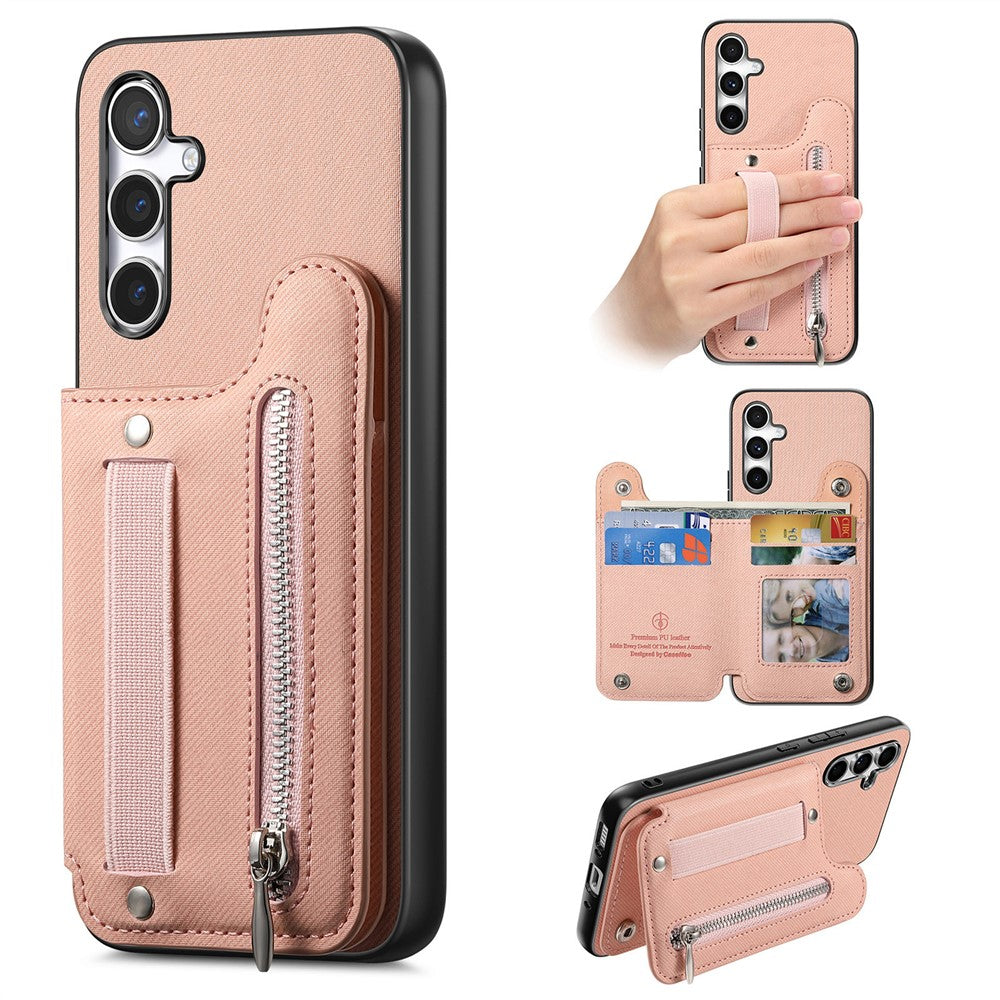Samsung Galaxy A57 5G-skal RFID-blockerande korthållare i jeanstyg, läderbaksida med elastiskt armband