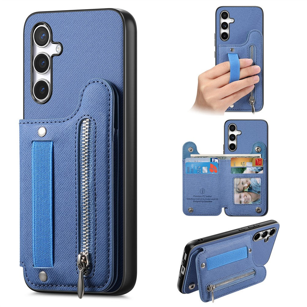 Samsung Galaxy A57 5G-skal RFID-blockerande korthållare i jeanstyg, läderbaksida med elastiskt armband