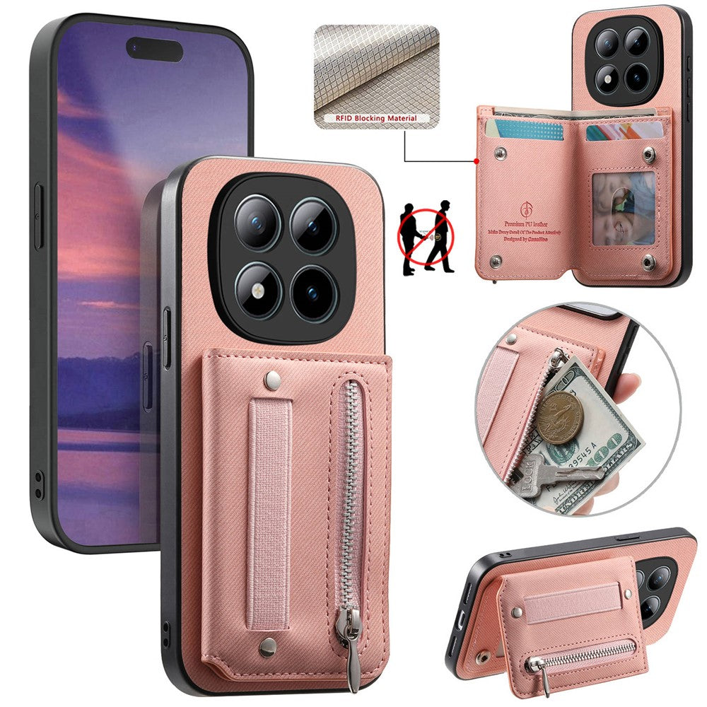 For Xiaomi Redmi Note 15 Pro 5G (Global) Case RFID Blocking Card Holder Jeans Cloth Texture Leather Back Cover with Elastic Wristband