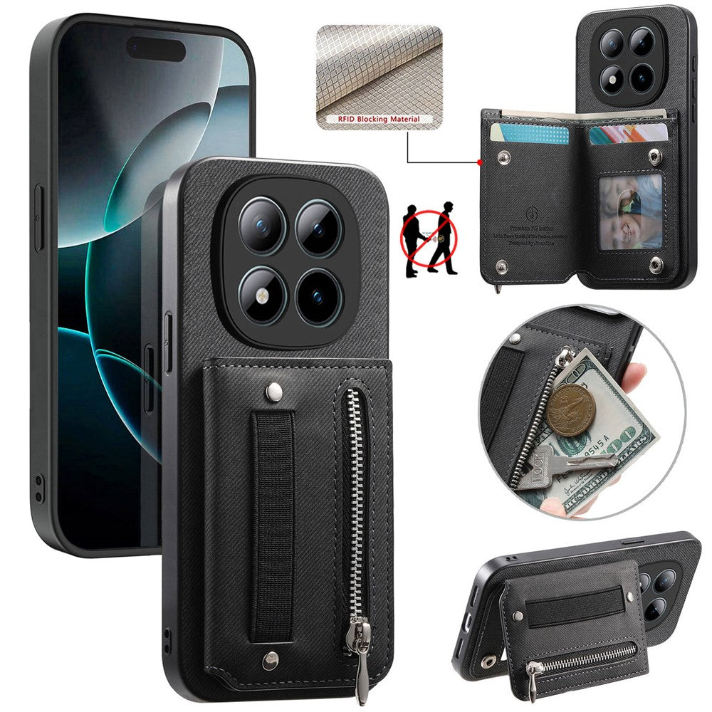 For Xiaomi Redmi Note 15 Pro 5G (Global) Case RFID Blocking Card Holder Jeans Cloth Texture Leather Back Cover with Elastic Wristband