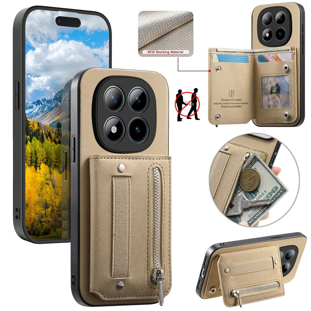 For Xiaomi Redmi Note 15 Pro 5G (Global) Case RFID Blocking Card Holder Jeans Cloth Texture Leather Back Cover with Elastic Wristband