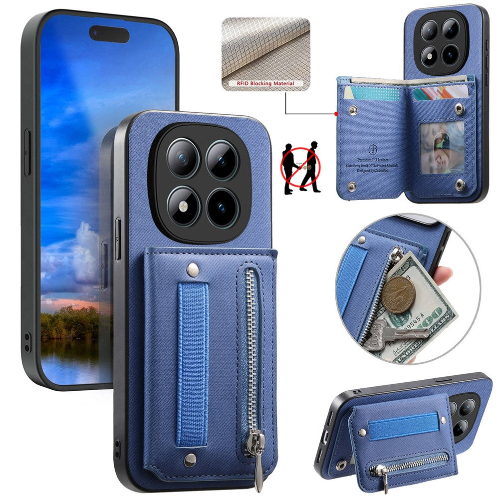 For Xiaomi Redmi Note 15 Pro 5G (Global) Case RFID Blocking Card Holder Jeans Cloth Texture Leather Back Cover with Elastic Wristband