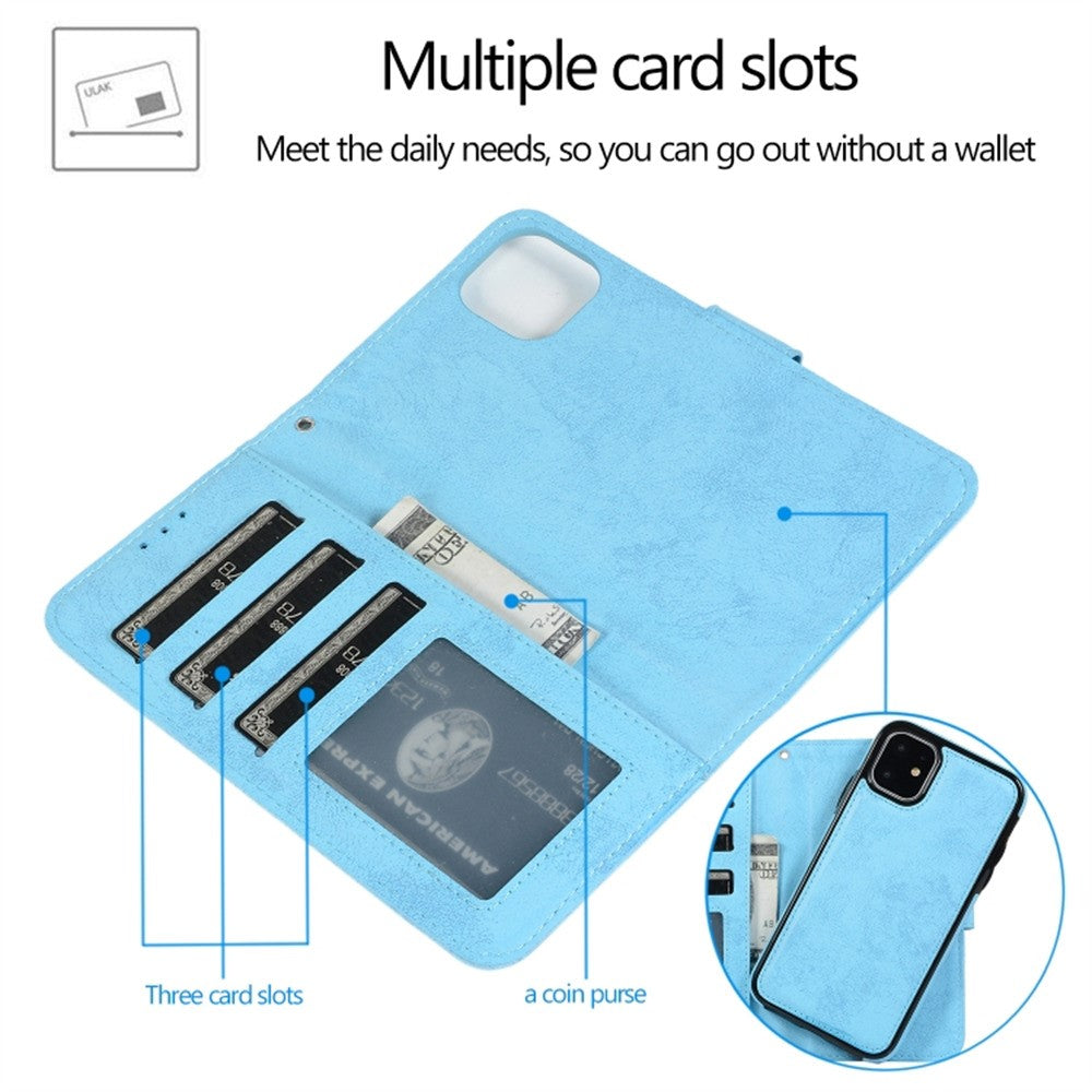 For iPhone 11 Wallet Case Retro Matte Magnetic Detachable PU Leather TPU Phone Cover