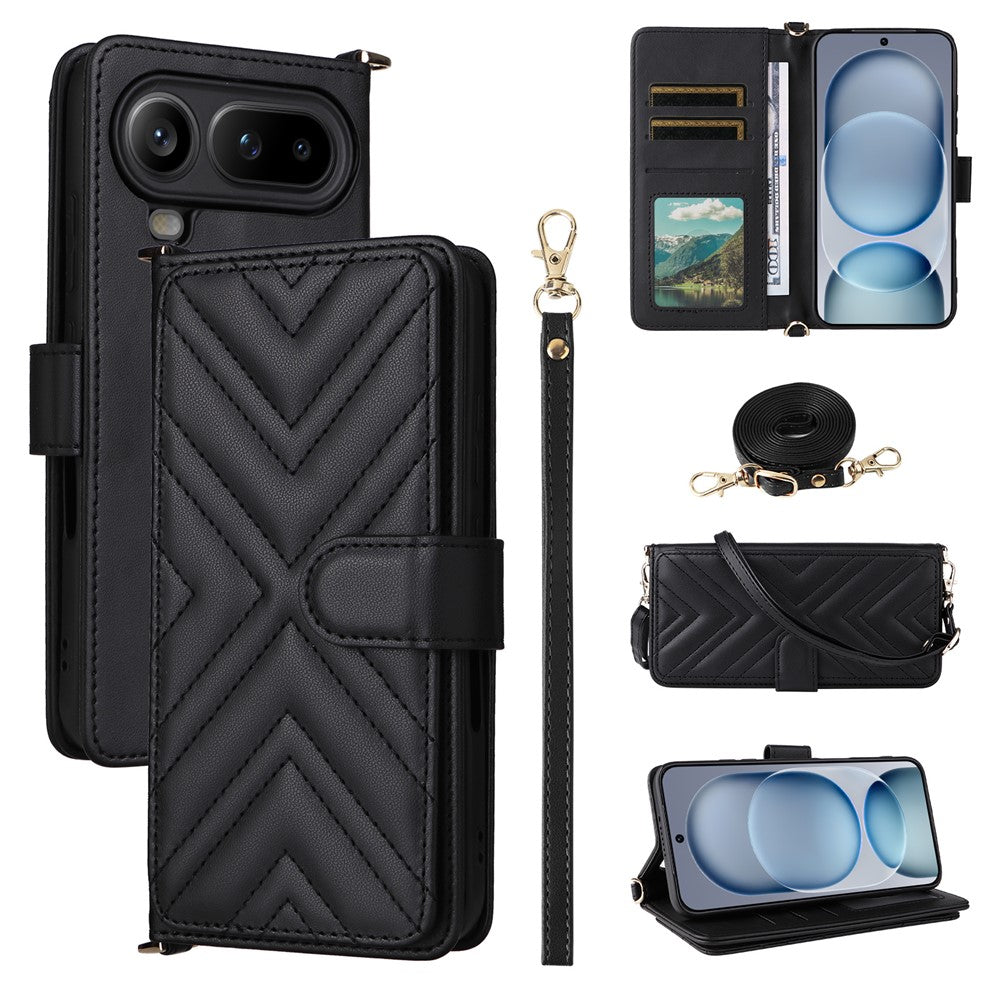 For Honor Magic8 Pro Air 5G Leather Case Stand Wallet Phone Cover with Shoulder  /  Wrist Strap