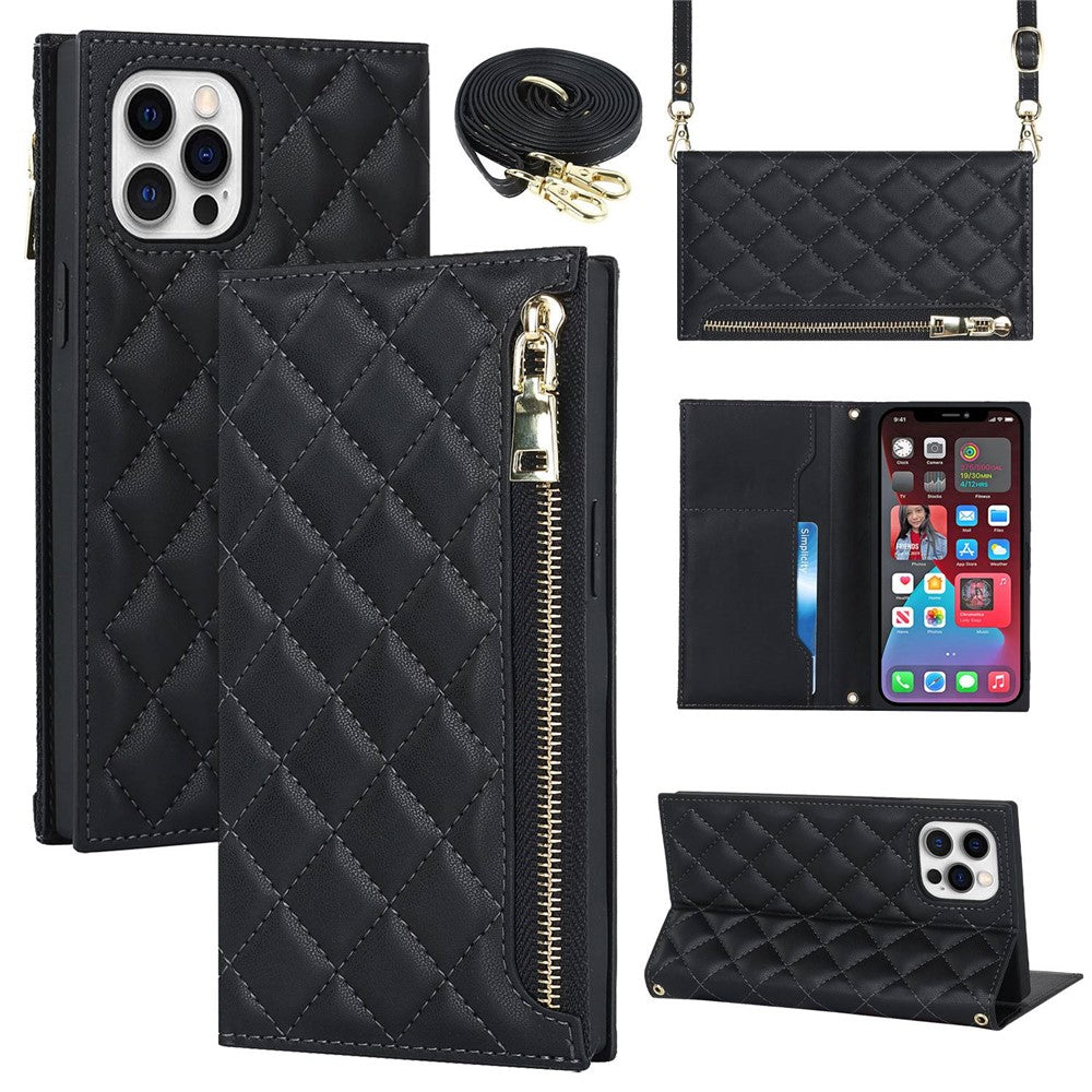 For iPhone 12 Pro Max 6.7 inch Rhombus Imprinted Zipper Pocket Phone Case PU Leather Wallet Stand Cover with Shoulder Strap