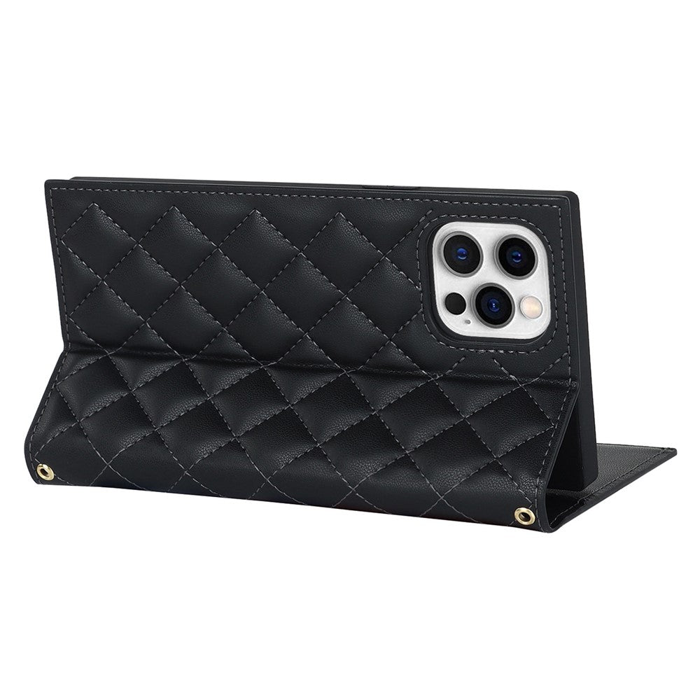 For iPhone 12 Pro Max 6.7 inch Rhombus Imprinted Zipper Pocket Phone Case PU Leather Wallet Stand Cover with Shoulder Strap